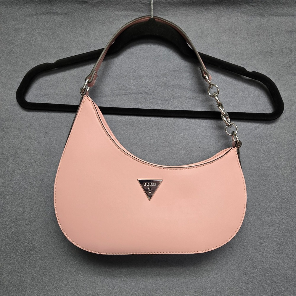 Guess Shoulder Bag Pink Faux Leather Y2K Crescent Hobo Small Chain Detail